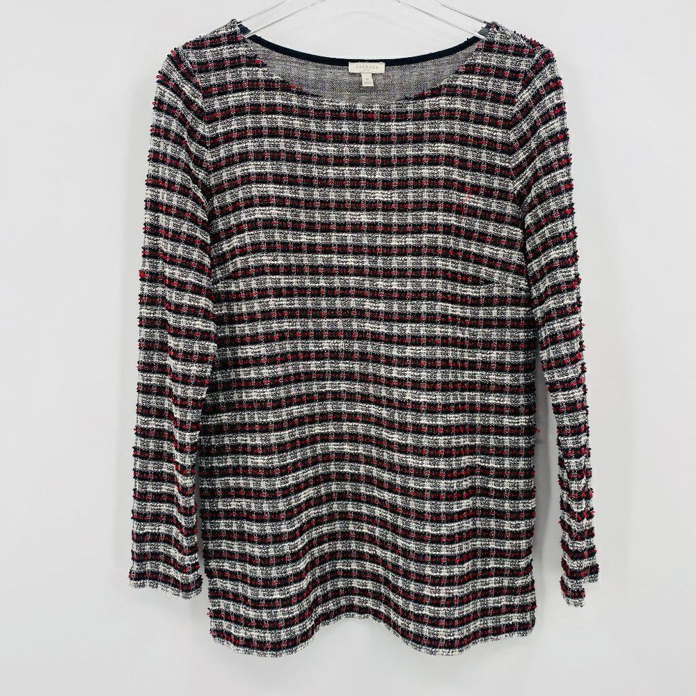 Talbots Size Medium Black & Red Plaid Boucle Textured Long Sleeve Boxy Top